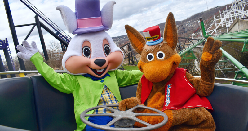 The Easter Bunny and Kenny Kangaroo enjoy a ride on the Turtle at Kennywood