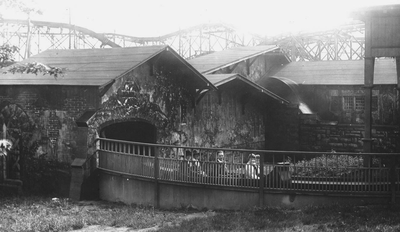 The Old Mill, Kennywood's oldest surviving ride, opened in 1901. Note the Figure Eight Toboggan in the background, Kennywood's first rollercoaster.
