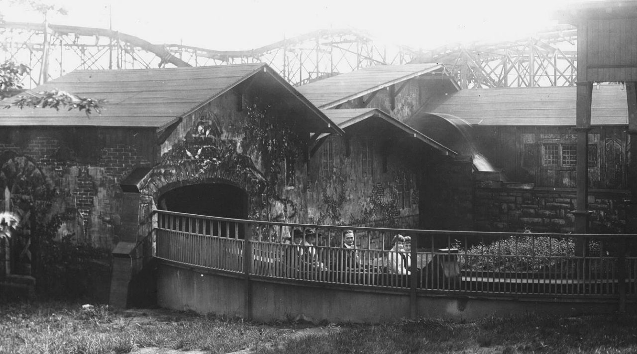 The Old Mill, Kennywood's oldest surviving ride, opened in 1901. Note the Figure Eight Toboggan in the background, Kennywood's first rollercoaster.